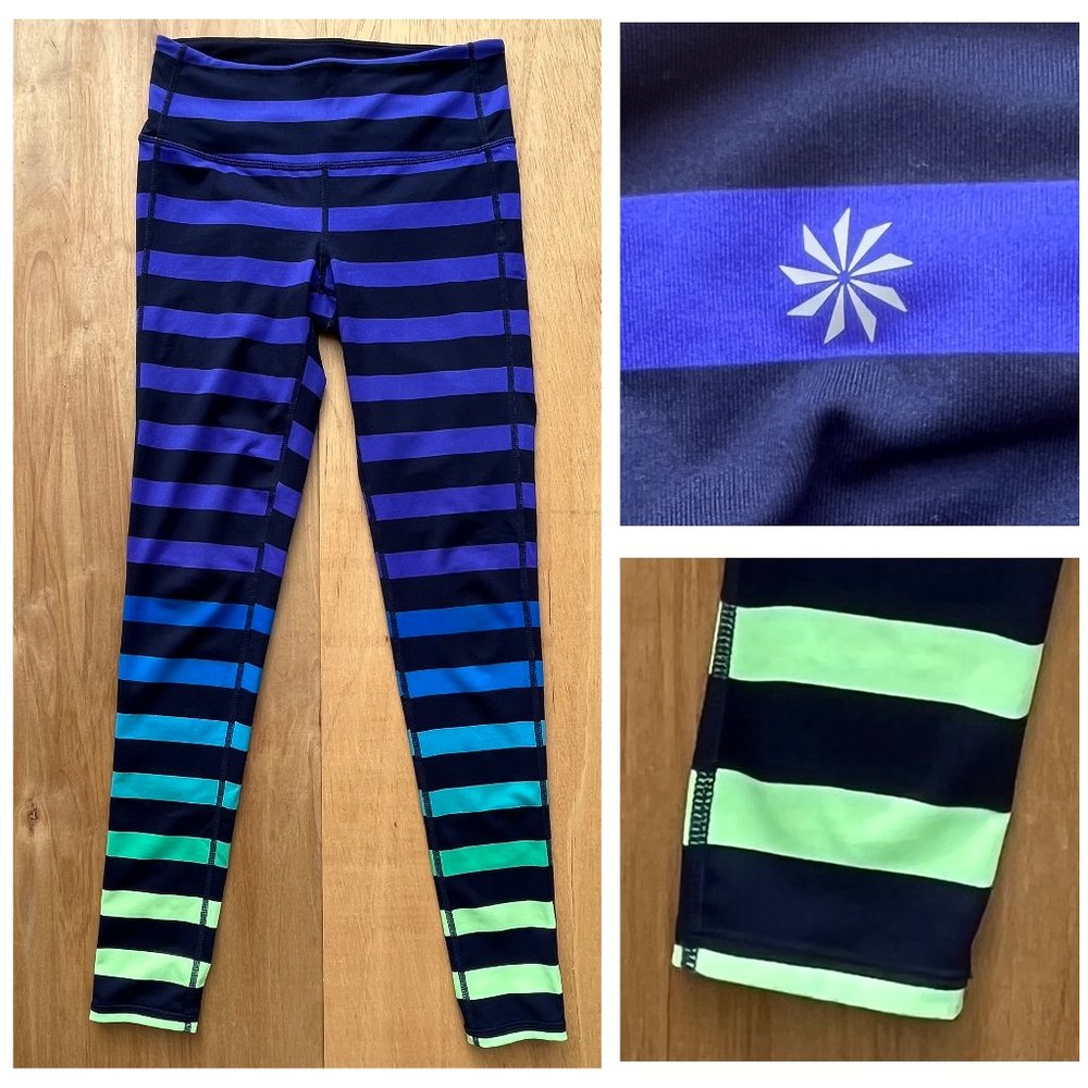 ATHLETA OMBRE Women’s Blue Black Striped Low Rise 7/8 Gym Yoga Leggings sz XS